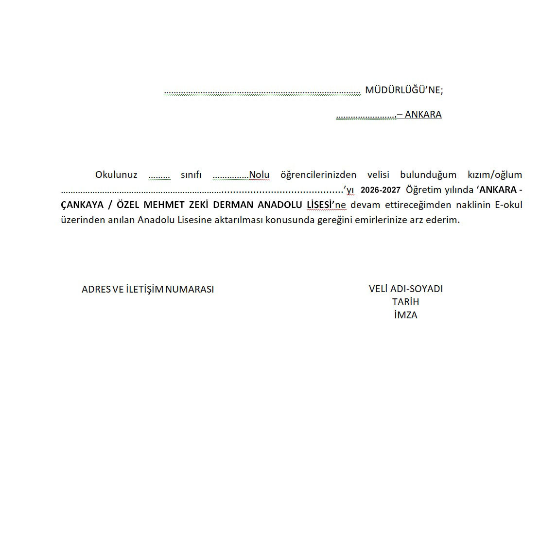 2026-2027 EĞİTİM-ÖĞRETİM YILI NAKİL DİLEKÇE ÖRNEĞİ